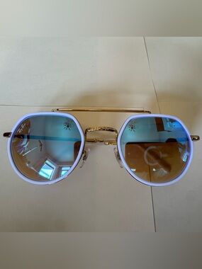 Ray-Ban Gold  Frame Sunglasses with Blue Mirror Lenses and White Trim
